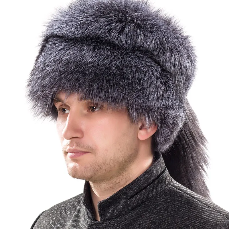 YECHNE Russian real natural silver fox fur cap man with lady fox tail male winter soft hat