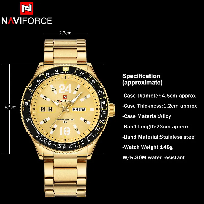 NAVIFORCE Брендовые Часы мужские спортивные часы из нержавеющей стали Кварцевые с