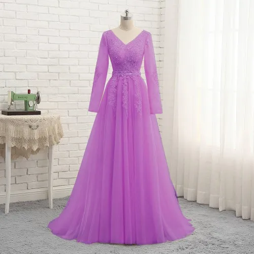 Purple Новое Вечернее Платье Vestido, Длинные вечерние платья цвета шампана с длинными рукавами, соблазнительное Тюлевое платье с аппликацией для выпускного вечера PW923 - Цвет: Purple