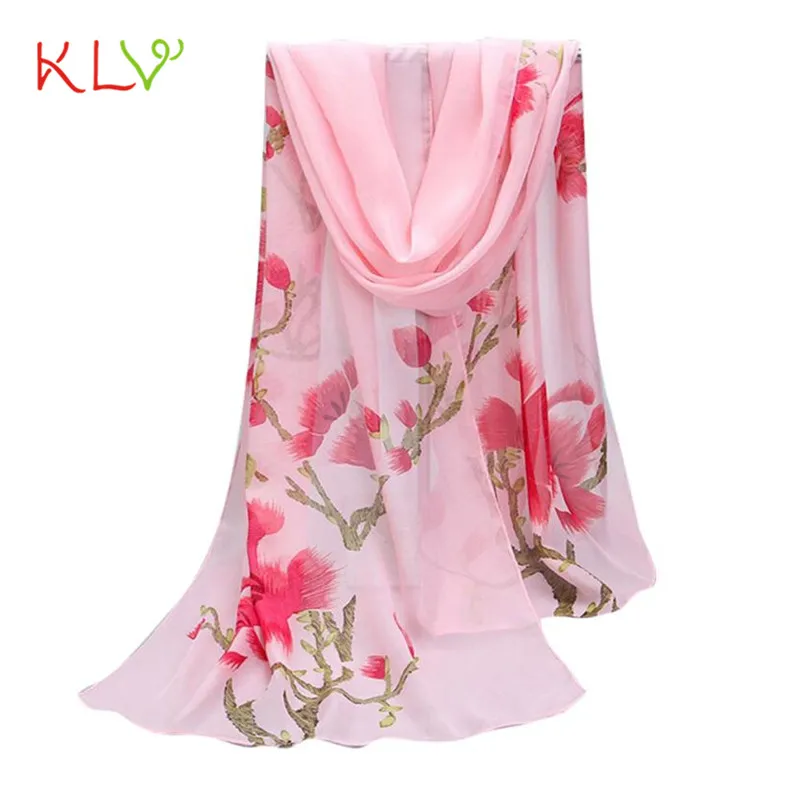 Женский шарф синий длинный мягкий с запахом шифоновый теплый принтом зима 2018