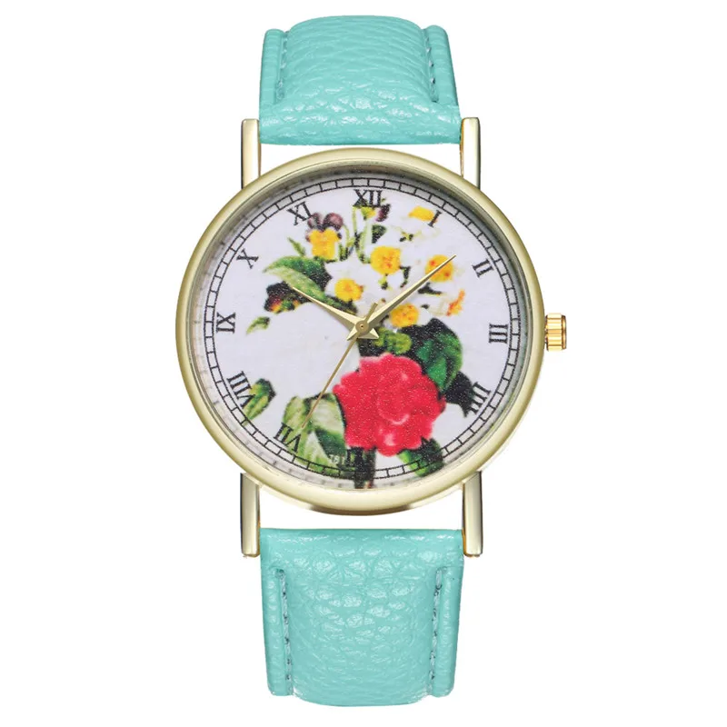 Модные кварцевые часы с красным цветочным принтом для женщин и девушек Новое