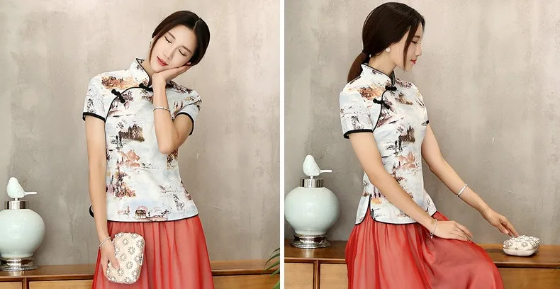 Шанхай история Мандарин воротник женская Qipao рубашка Китайский Топ короткий рукав cheongsam Топ Традиционный китайский льняная блузка