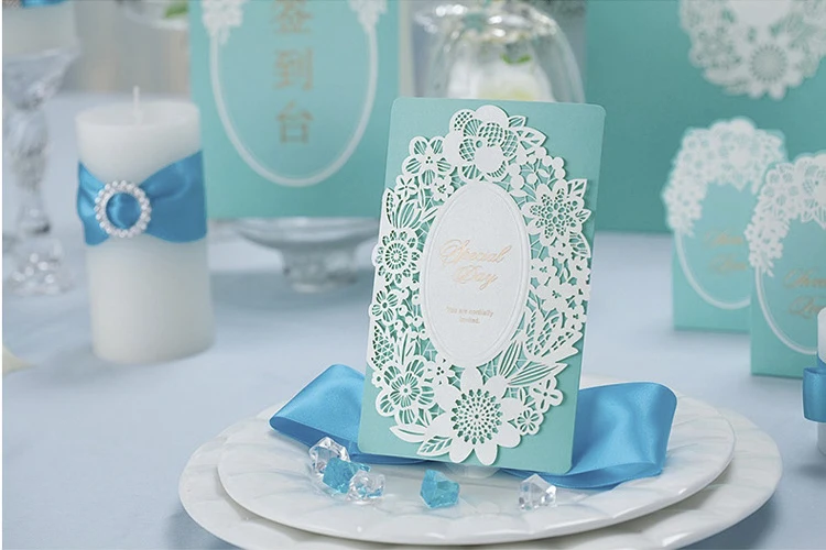 OLOEY Wedding Invitations Card 1pcs Blue Flower Laser Cut Hollow Personal Customized Printing Envelope Party Decoration | Дом и сад