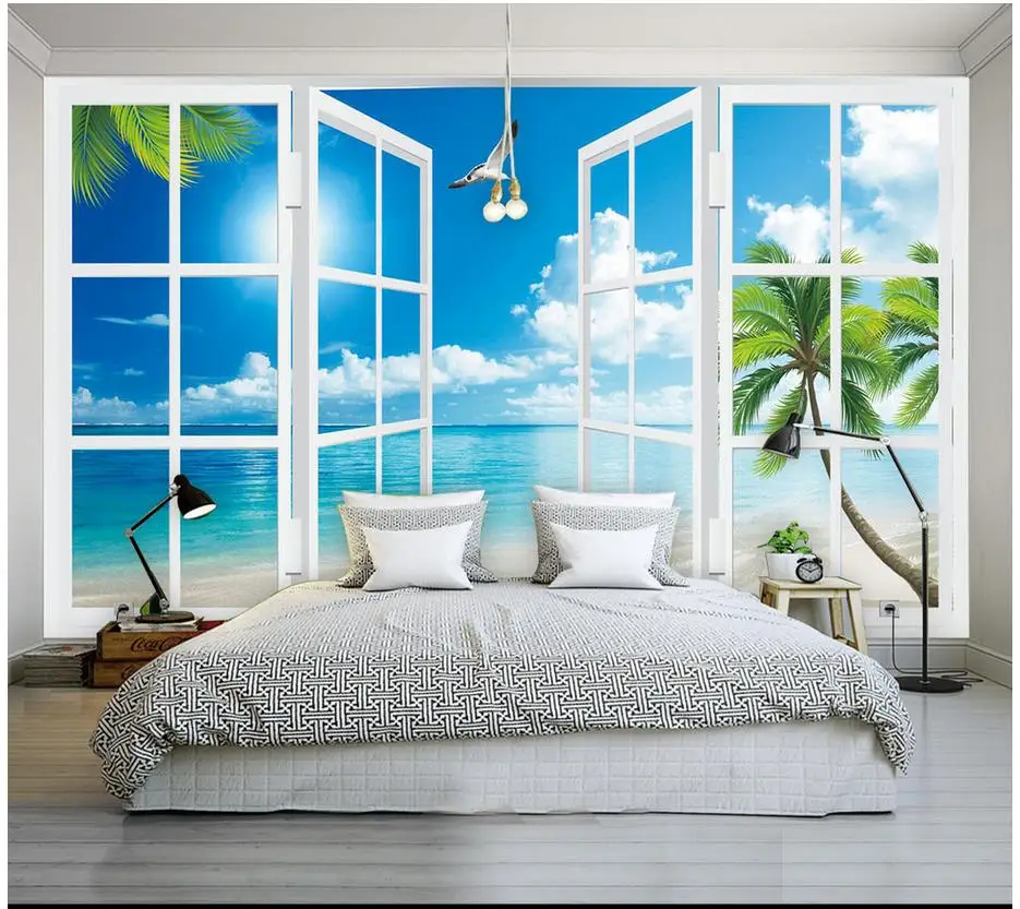 

Custom 3d wallpaper 3d wall murals wallpaper Mediterranean mural Window scenery Aegean sea landscape background wall paper decor