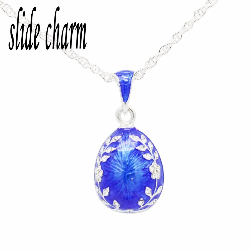slide charm Free shipping Blue Enamel Easter Russian Egg Pendant Necklace with Crystal Jewelry Valentine's Day gift