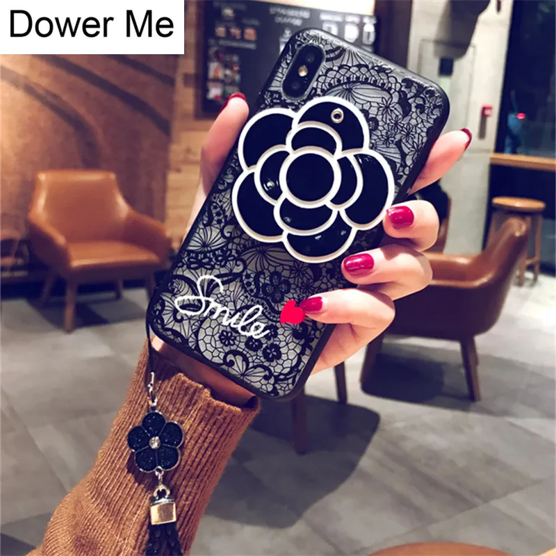 

3D Camellia Mirror Lace Flower With Flower Pendant Hand Strap Case Cover For iPhone 12 Mini 11 Pro XS Max XR X 8 7 6 6S Plus SE