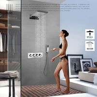 luxury hot and cold thermostatic shower brass 4 functions waterfall rain shower faucet set with handshower chrome wall mounted
