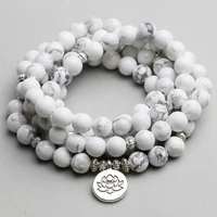 womens bracelet white howlite beads with lotus om buddha charm yoga men bracelet 108 mala necklace dropshipping stone jewelry