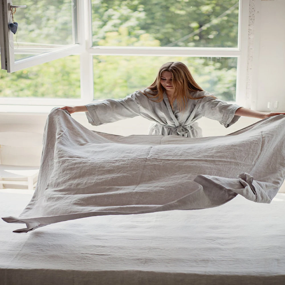 Плоское белье постельное из натурального льна во французском стиле с эффектом