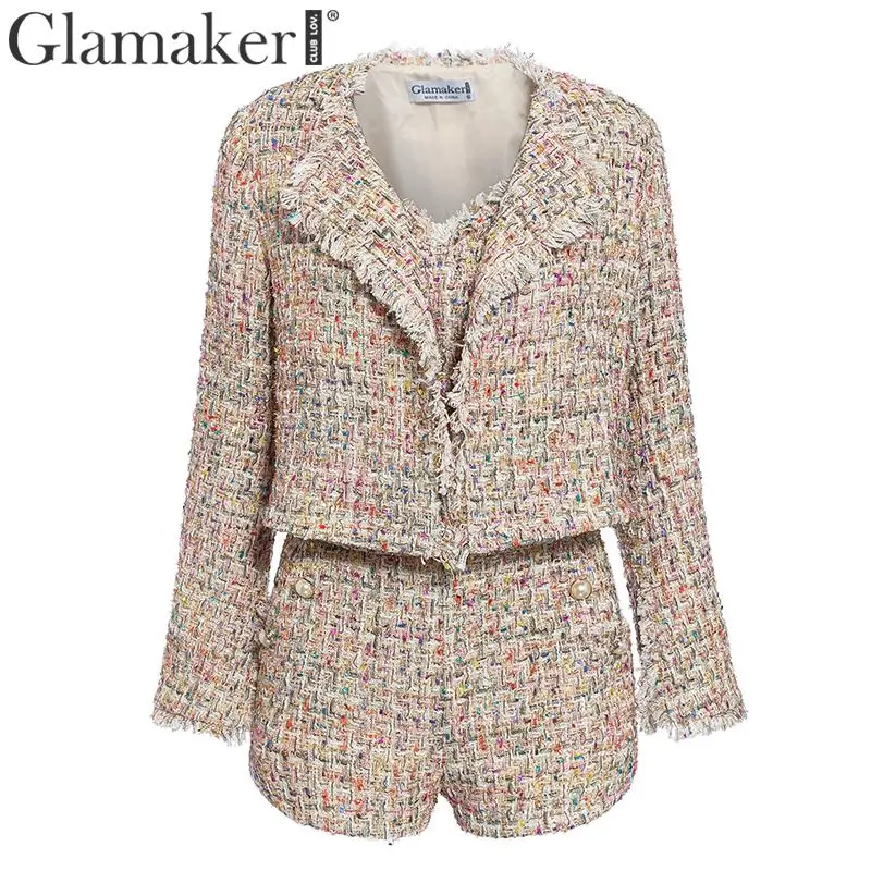 Glamaker твидовый короткий Блейзер с люрексом, Женский Осенний офисный блейзер из трех частей, элегантный зимний сексуальный пиджак с расклешенными рукавами, верхняя одежда