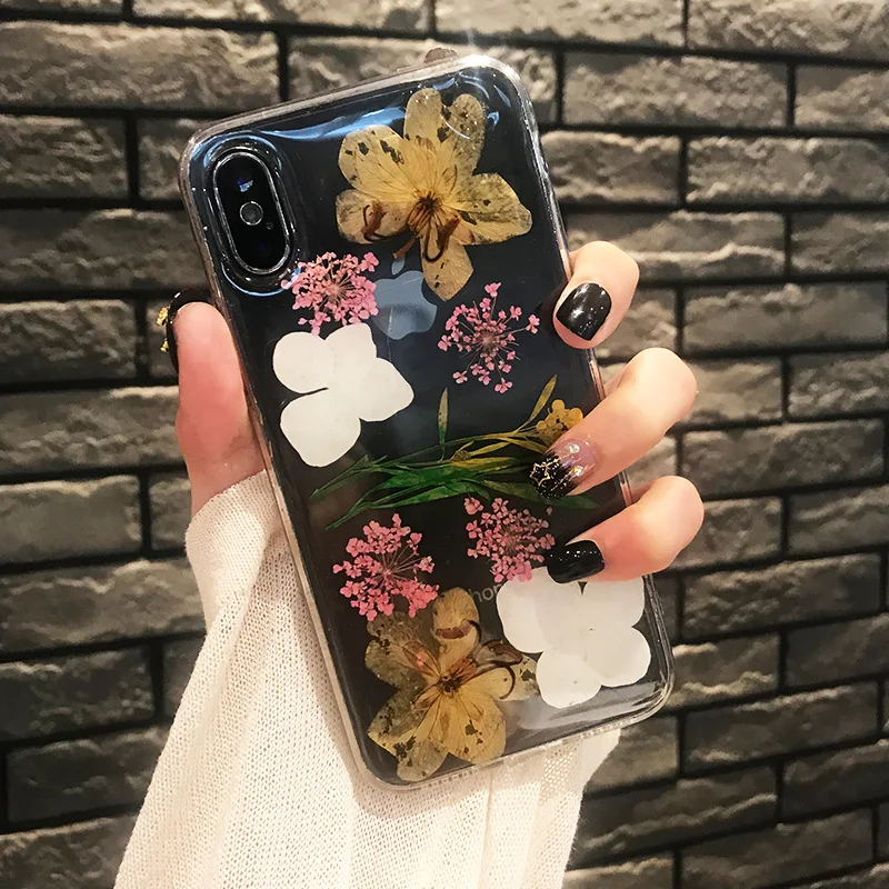 Настоящие сушеные чехлы с цветочным принтом для IPhone X XS Max XR 6 6S 7 8 Plus 11 pro max чехол ручной работы прозрачный мягкий свежий цветок задняя крышка телефона