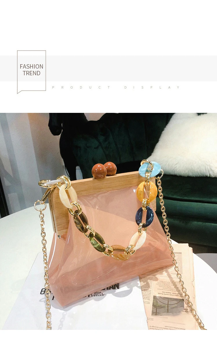 Wood Clip PVC Clear Jelly Handbag Woman New Designer Korean Acrylic Chain Transparent Jelly Shoulder Bag Clutch Female