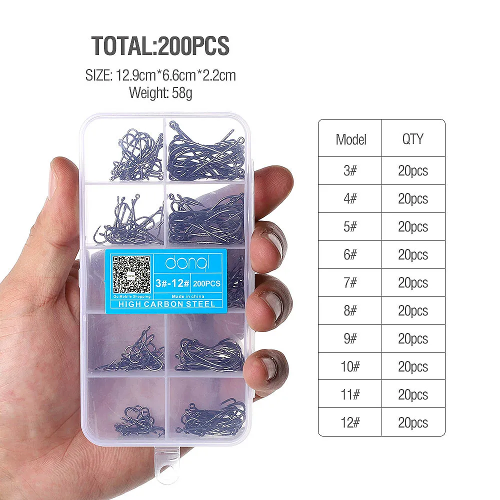 DONQL 200-600 шт/коробка колючие рыболовные крючки 3#-12# карп одинарный рыболовный крючок набор рыболовные принадлежности из углеродистой стали джиг морские крючки - Цвет: 200pcs