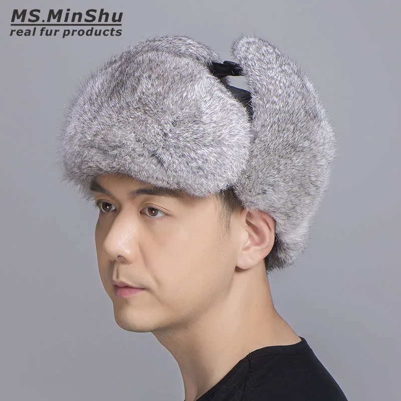 MS.MinShu Natural Rabbit Fur Hat Winter Skiing Hat Unisex Genuine Rabbit Fur Trapper Hat Natural Fur Bomber Hat Man Women