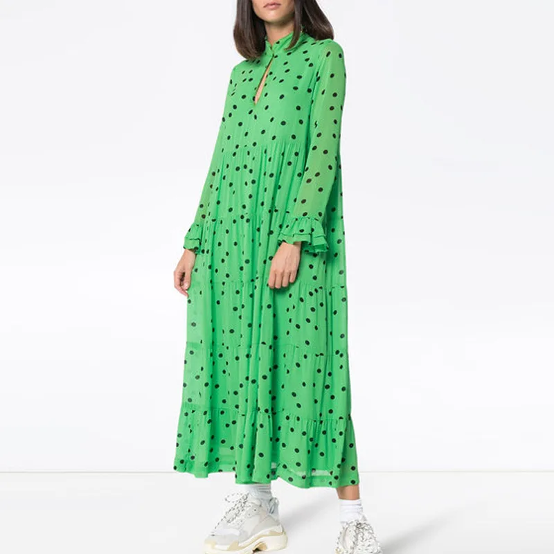 fall new deep V collar long sleeve dot print big swing loose long dress