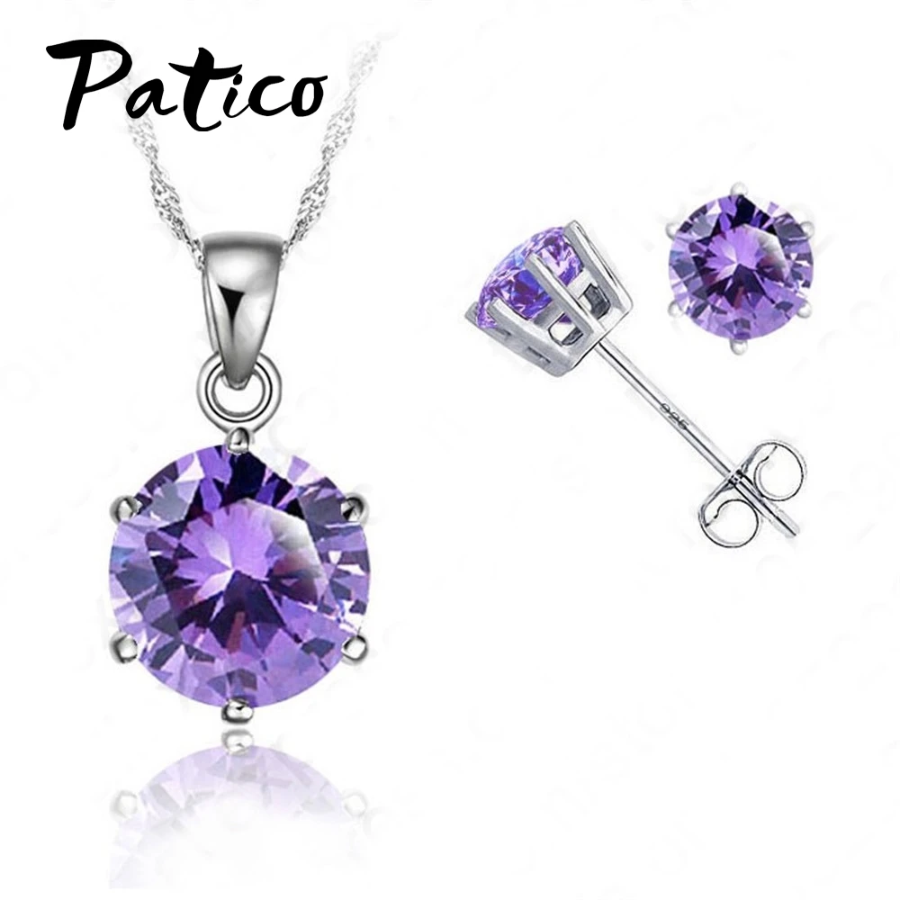 

New Elegant 8 Colors Cubic Zirconia 925 Sterling Silver Jewelry Sets 6 Claws Stud Earring Pendant Necklace 18" Chain