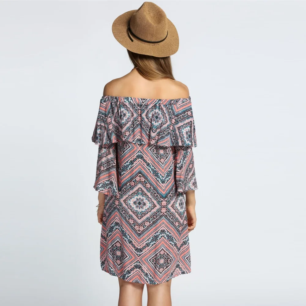 Богемный Стиль женская С Плеча Flare Рукавом Оборками Печати Casual Dress|casual dress|dress