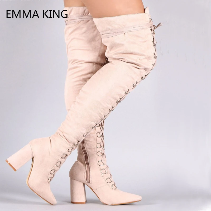 Emma king/Замшевые женские высокие сапоги на шнуровке новый стиль модные до колена