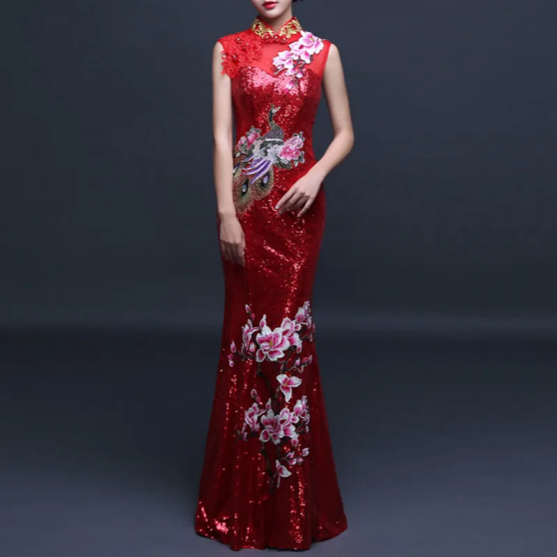 Платье с вышивкой Cheongsam Китайский вечернее платье вышивка Восточный платья Кружева Русалка торжественные платья Длинные Qipao красный Феникс