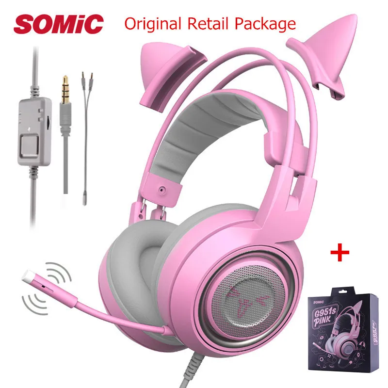 Pink Retail box SOMIC G951S PS4 игровая гарнитура с кошачьими ушками микрофон ПК наушники для геймеров Бас игры наушники для мобильного телефона/ xbox One/Mp3 - Цвет: Pink Retail box