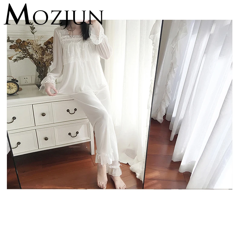 

Woman Pajama Set Suit Sexy Lace Night Wear Loungewear Long Sleeve Woman Night Sleepwear Vintage Home Clothing Mozjun #MZ107