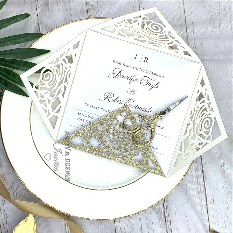 Luxury Glitter Champagne Square Laser Cut Wedding Invitation with Customized Insert, Belly Band And Envelope