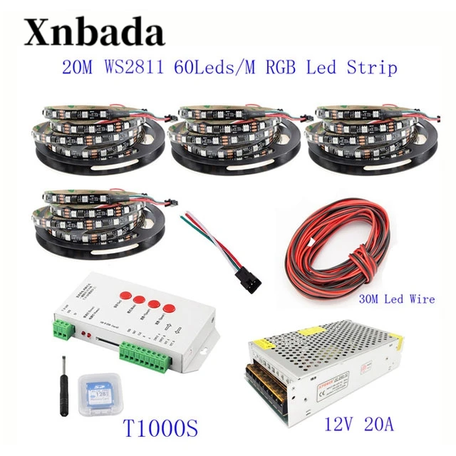20 м 15 10 5 WS2811 Светодиодная лента IC 60 светодиодов/м RGB умная Пиксельная полоса + T1000S