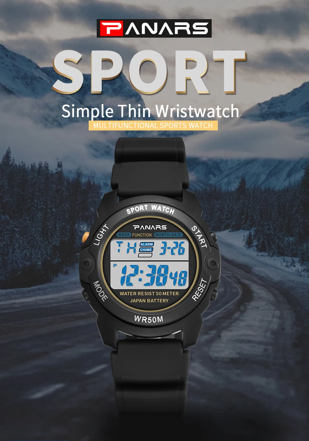 PANARS Outdoor Sports Watch Digital Watches Mens Waterproof Alarm Clock 5Bar LED Black Fashion Watch Mens Chronograph Watch