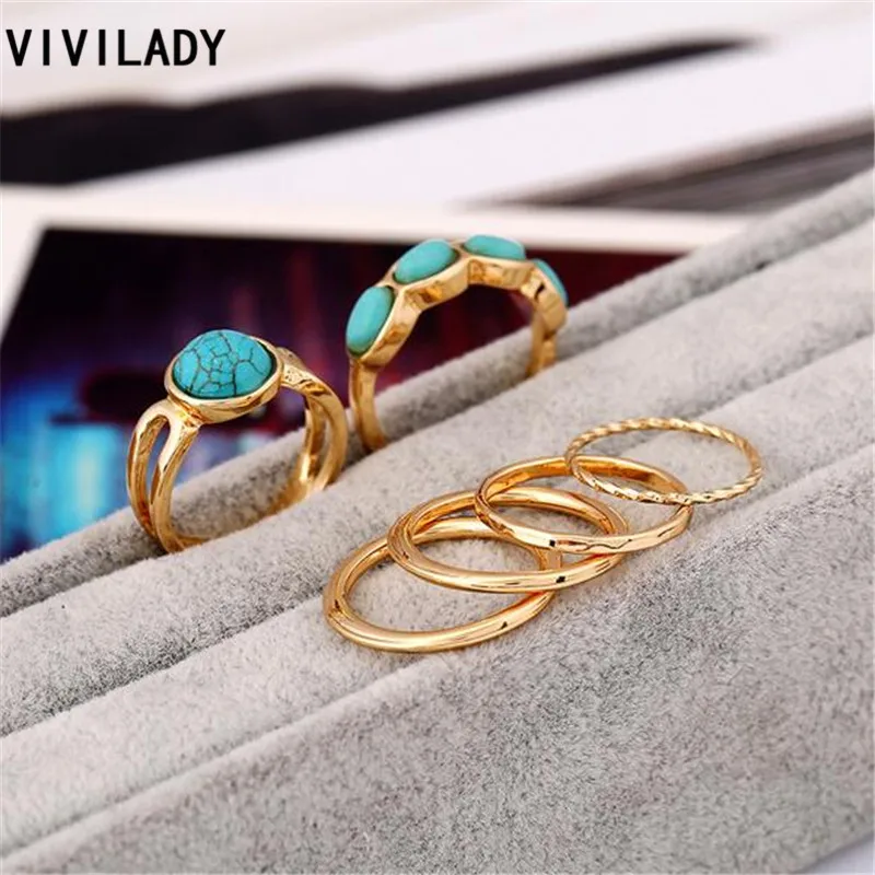 VIVILADY Bohemian 6pcs Boho Natural Blue Stones Steampunk Finger Midi Knuckle Ring Sets Anel Accessory Women Girl Birthday Gifts | Украшения