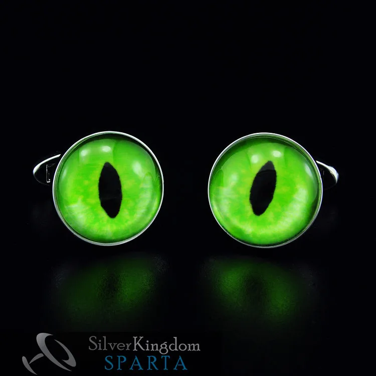 Мужские Запонки с зеленым драконом SPARTA покрытые белым золотом + бесплатная