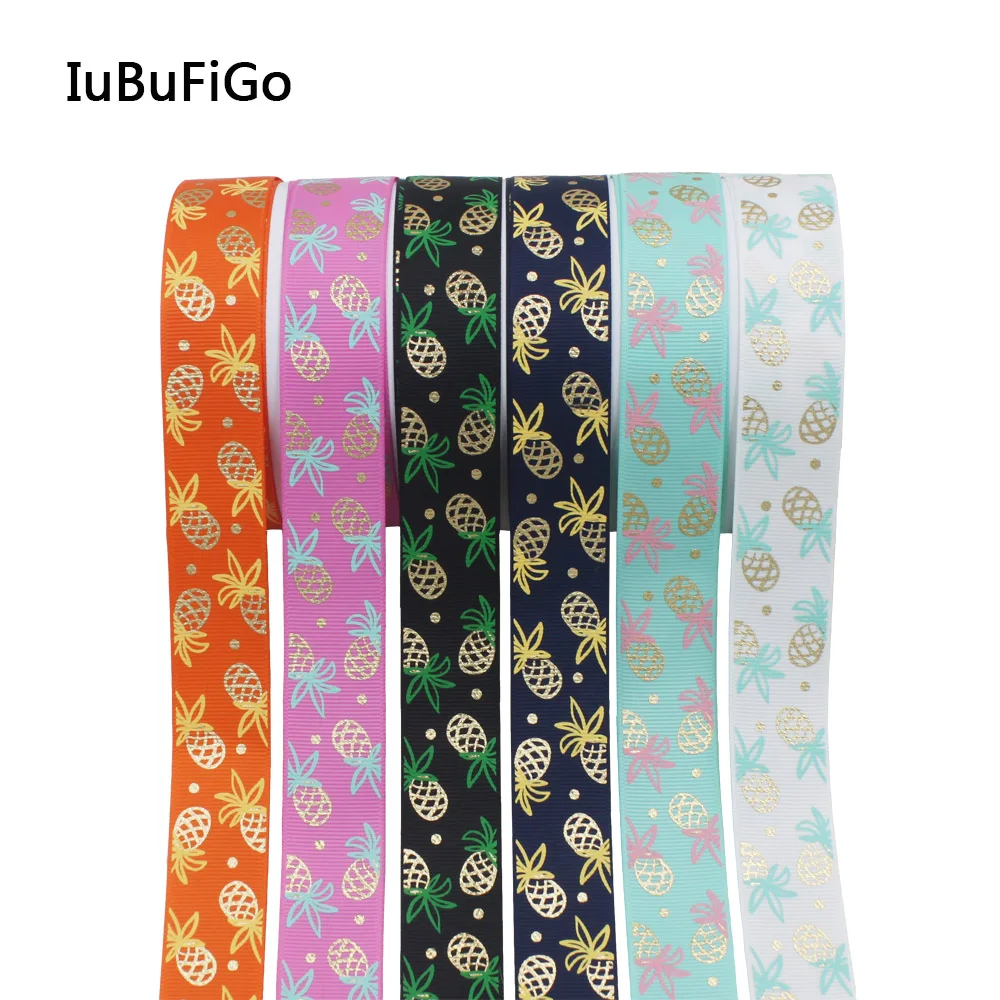 

Лента из золотой фольги [IuBuFiGo], корсажная лента с принтом, ананас, фрукты для рукоделия, бант, упаковка, Подарочный декор, 1 дюйм (25 мм), 10 ярдов/партия