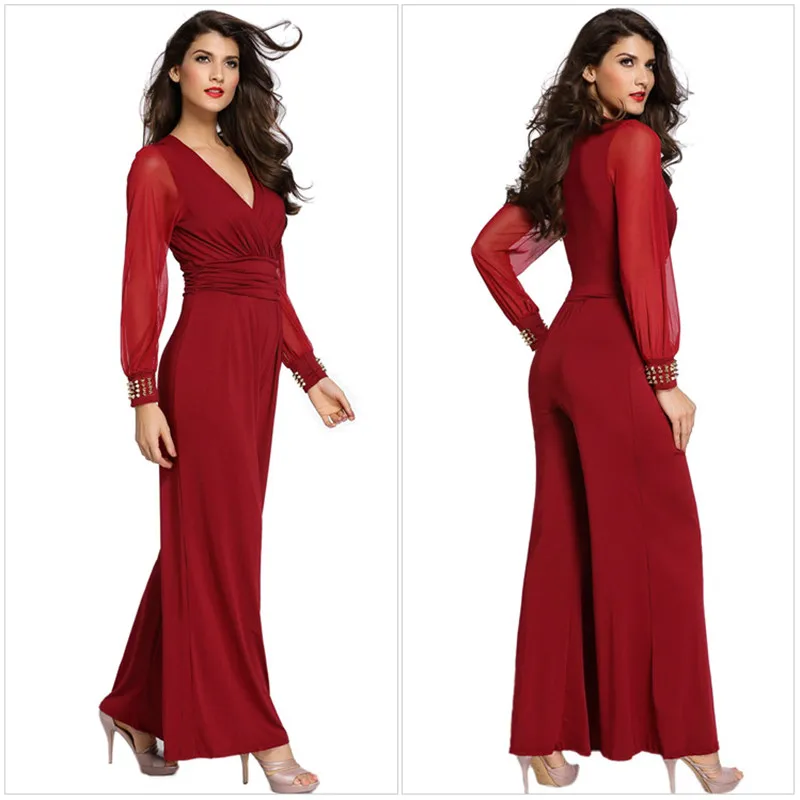 Женская мода Комбинезон с Длинными рукавами V воротник кружева шить Сиамские