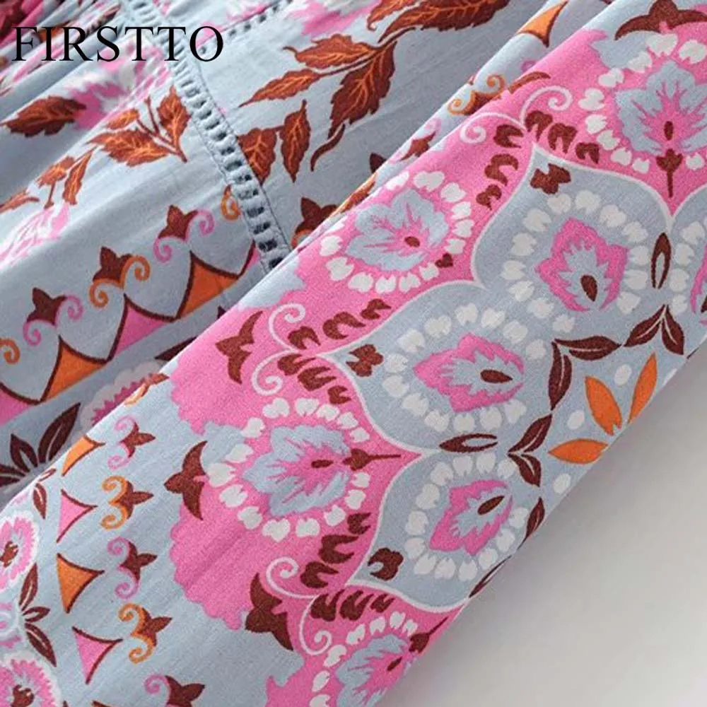 FIRSTTO Этническая цветная Цветочная рубашка с перекрестной шнуровкой