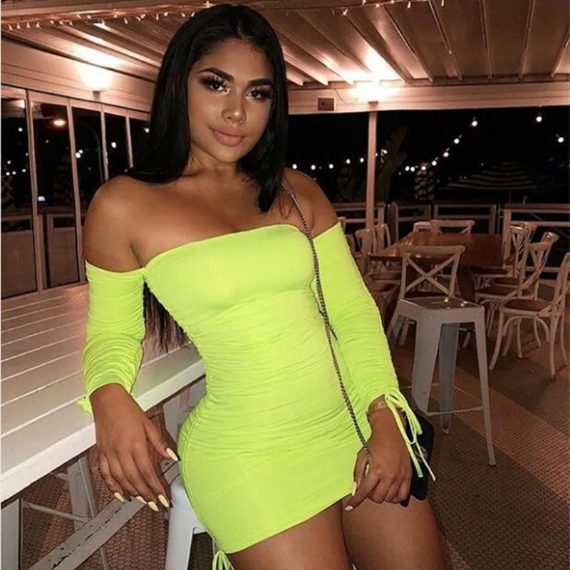 Neon Green Ruched off Shoulder Long Sleeve Bodycon Dress - Sexy Party Night Club Dress for Fall 2019 by BOOFEENAA (C66-AC32) image 3