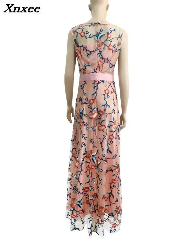 Новинка 2018 женское Элегантное Длинное платье без рукавов с цветочной вышивкой