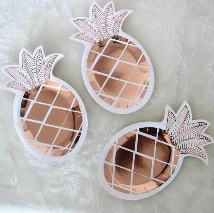 Rose Gold 8pcs 8 шт., тарелки в виде ананаса из золотой фольги, одноразовые столовые приборы, набор бумажных тарелок на Рождество, Год, бумажные тарелки для вечеринки, дня рождения - Цвет: Rose Gold 8pcs