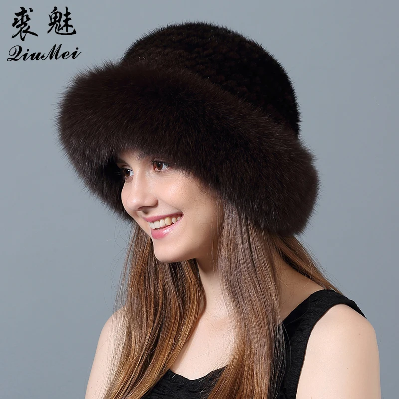 Женская трикотажная Шапка бини с отделкой из натурального меха норки|mink fur hats|fur
