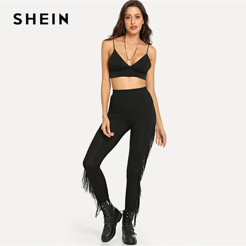 SHEIN Черные Леггинсы С Бахромой, Леггинсы С Оригинальной Отделкой, Однотонные Леггинсы