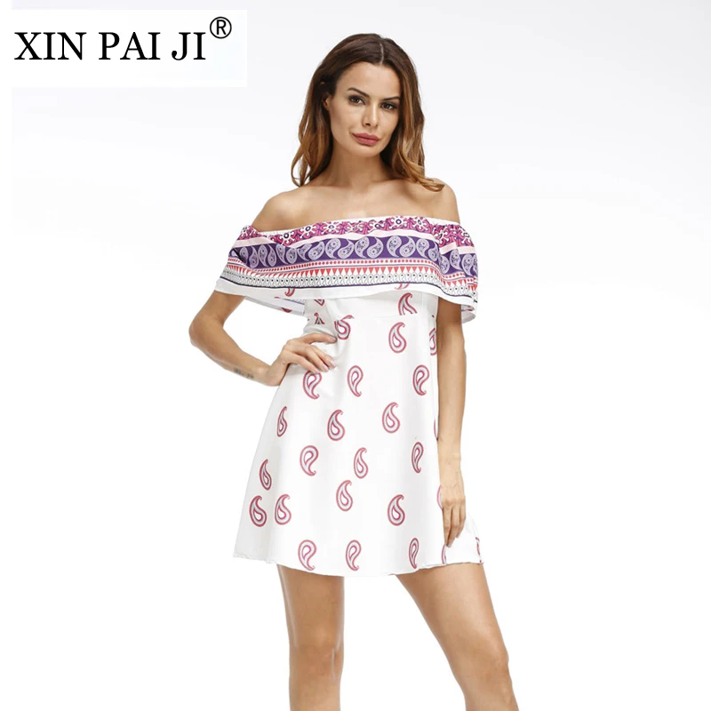 XIN PAI JI New 2017 Vintage Printed Beach Summer Dress Women Slash neck Casual Zipper Off Shoulder A Line Mini | Женская одежда