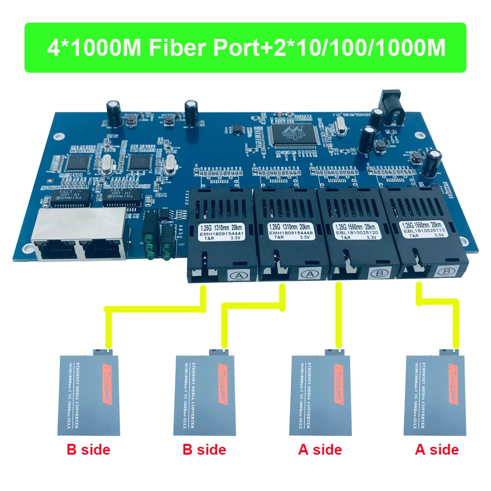 Промышленный гигабитный Ethernet коммутатор 4 порта 1,25G волокно и 2 RJ45 двунаправленный пассивный волоконно-оптический медиа конвертер плата PCB
