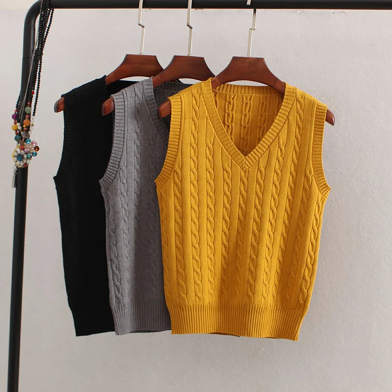 Korean Wool Sweater Vest Spring Autumn Women V-Neck Knitted Female Casual Tank tops Tees Sleeveless Twist Knit Pullovers | Женская