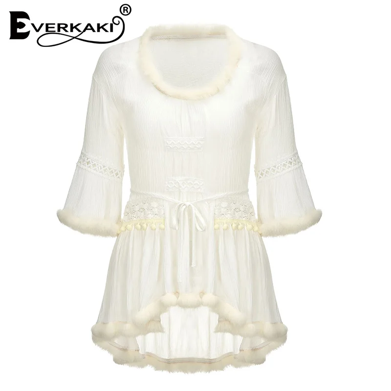 Everkaki белое кружевное женское платье с расклешенными рукавами Boho короткое