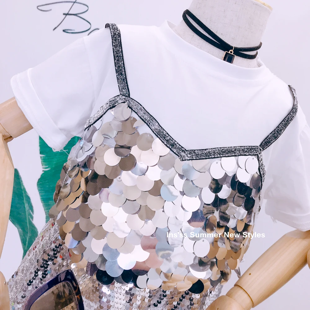 2019 г. Новая летняя футболка с короткими рукавами для девочек Детская блестками в