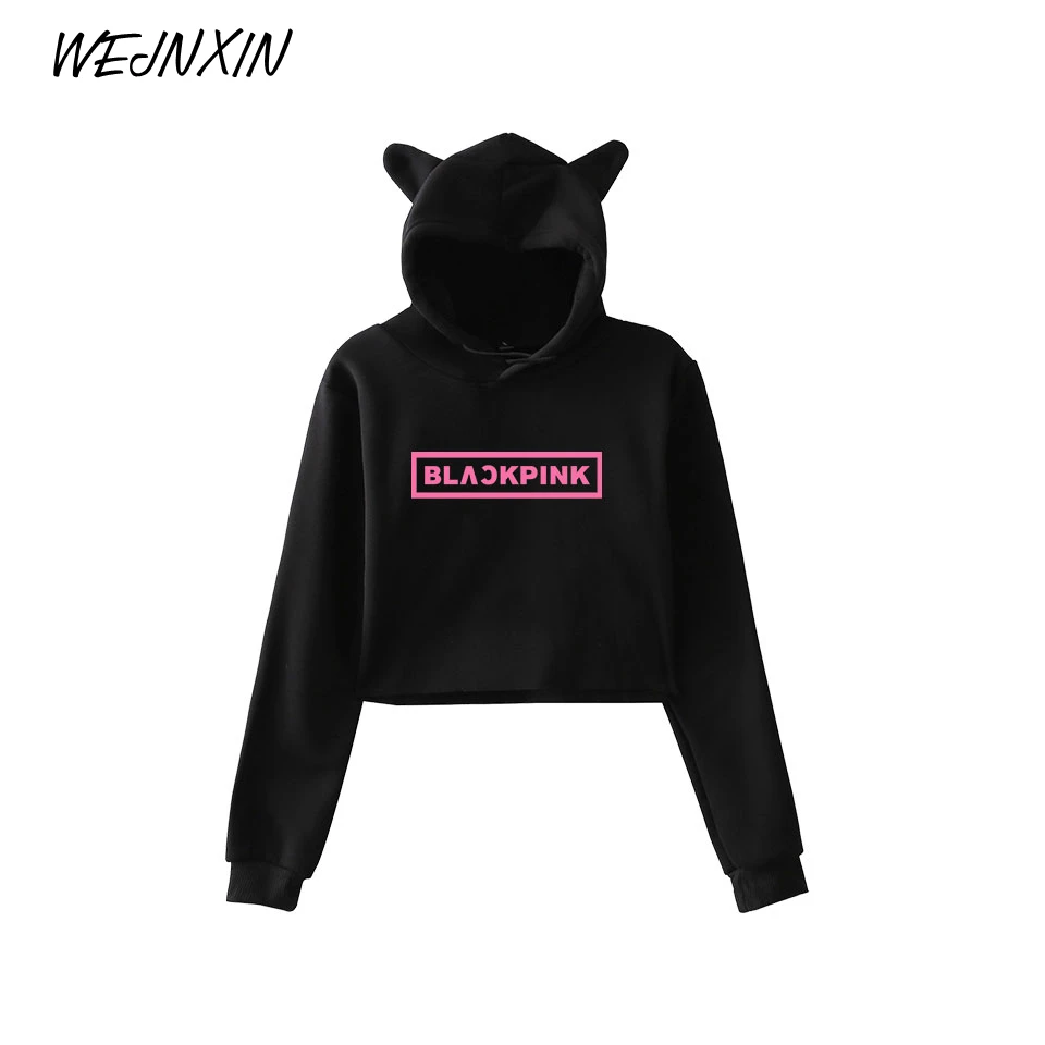 WEJNXIN Kawaii худи с кошачьими ушами для женщин Kpop BLACKPINK вентиляторы Толстовка поддержка дамы BLACKPINK Письмо печати укороченный Топы Одежда