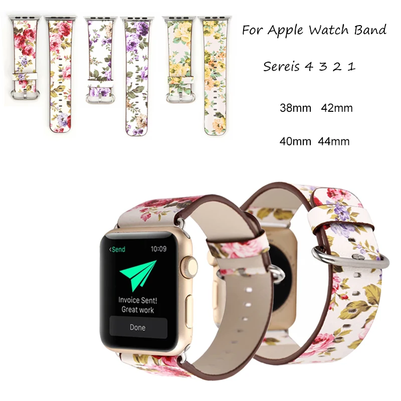 Кожаный ремешок с цветком для часов Apple Watch 44 мм 40 42 38 пасторальный/Сельский