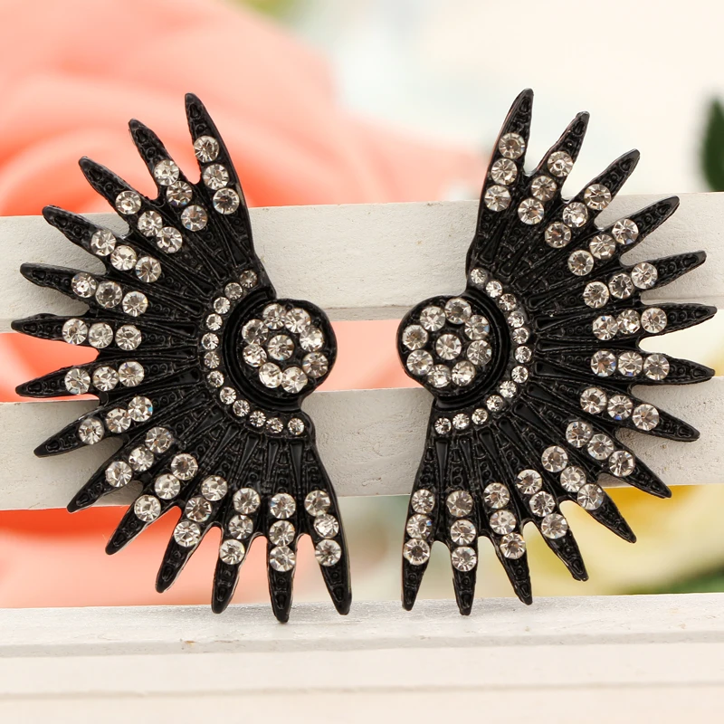 luxury statement crystal earrings black alloy fan-shaped full rhinestone jewelry | Украшения и аксессуары