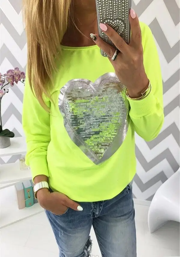 Women's 2017 Lovely Sequined Heart Pullovers O-neck Long Sleeve Sweatshirts Lady Tracksuits Tops S-5XL Женская одежда