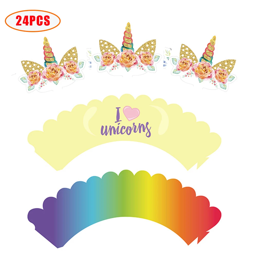 

24pcs I Love Unicorn Cake Wrappers Rainbow Unicorn Theme Party Cake Topper Baby Shower Wedding Cake Decorating Party Supplies