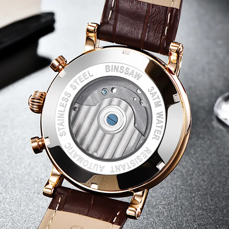BINSSAW мужские новые автоматические механические Tourbillon часы модные бизнес кожа