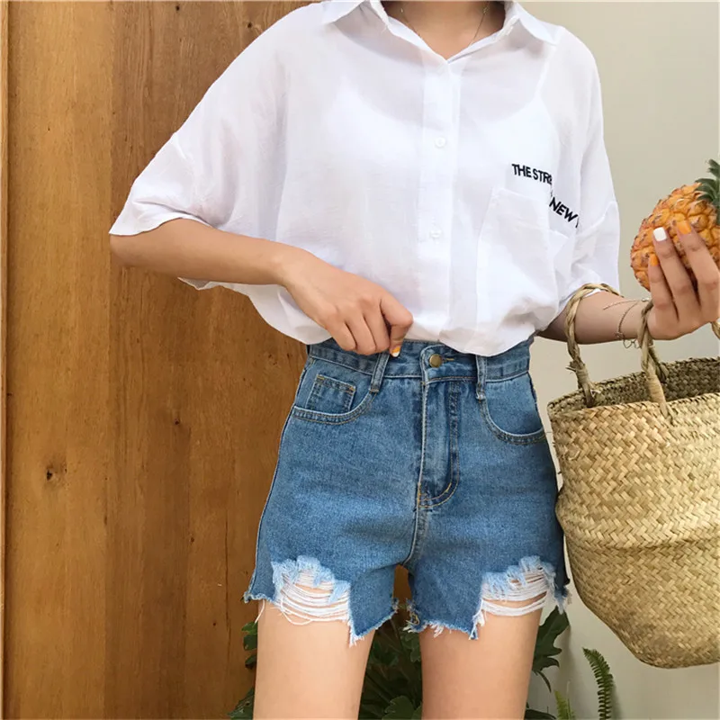 2019 летние джинсовые шорты с высокой талией женские рваные джинсы карманами и
